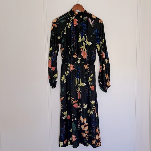 SOLD a new day Midi Dress Long Sleeve Womens XS Black Vibrant Floral Smocked - Picture 2 of 5